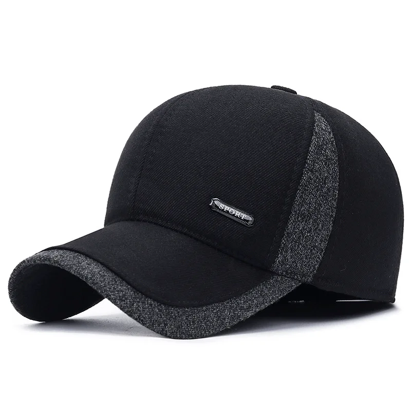 Зимняя кепка Мужская бейсбольная кепка с ушным вкладышем Casquette Homme Теплые шапки с костями Snapback Cap Шапки Gorra Hombre - Цвет: Черный