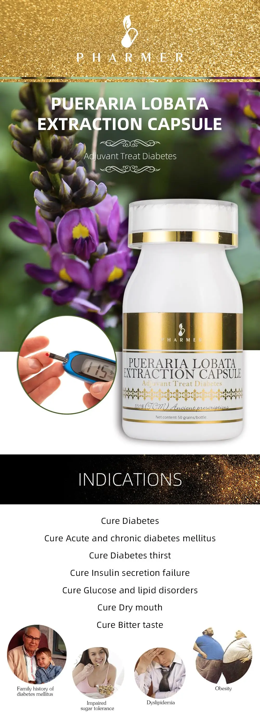 Pharmer Pueraria Lobata Extraction Capsule, Adjuvant Treat Diabetes, Cure Acute and chronic diabetes mellitus, Dry mouth, 50pcs