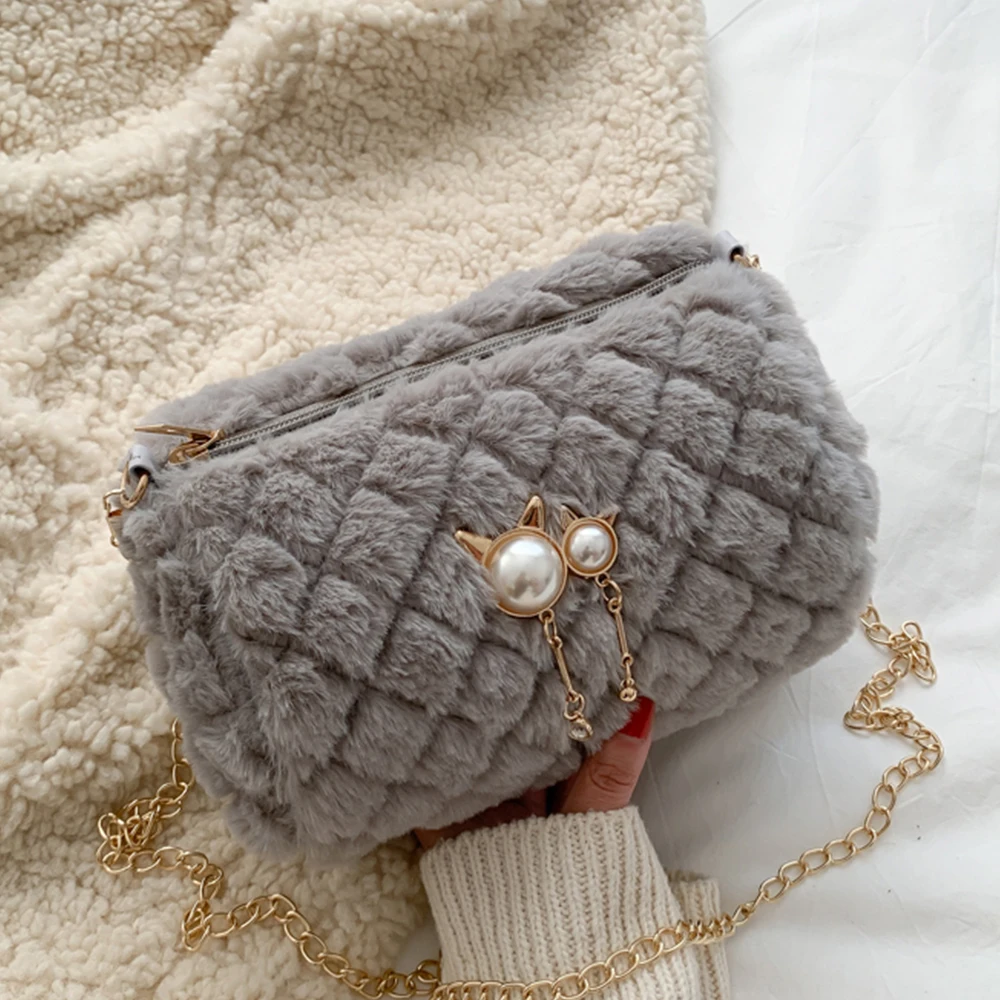 

Small Women Messenger Bag with Pearl Quality Faux Fur Chain Strap Female Shoulder Bag Mini Casual Plaid Ladies Crossbody Bag Sac