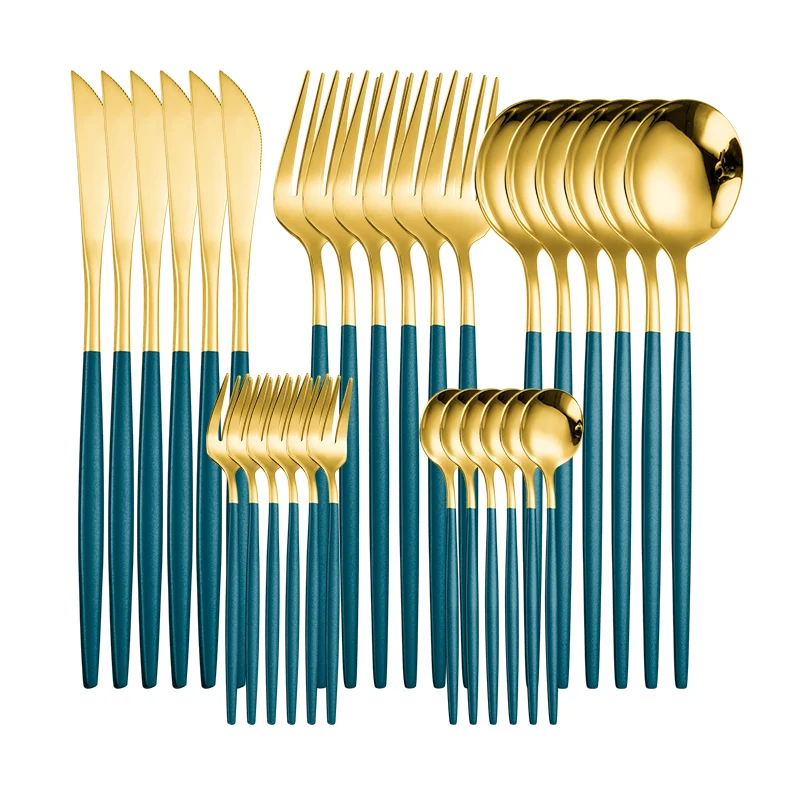 US $28.89 30pcs Green Gold Cutlery Set Mirror Colorful Flatware Set Stainless Steel Dinnerware Set Kitchen Silverware Gold Tableware 6sets