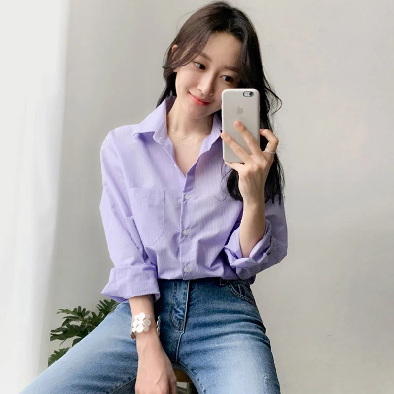 Blusas mujer de moda, женские блузки и топы с карманами, женские рубашки с длинным рукавом и отложным воротником, светильник, Фиолетовые женские 7307 50