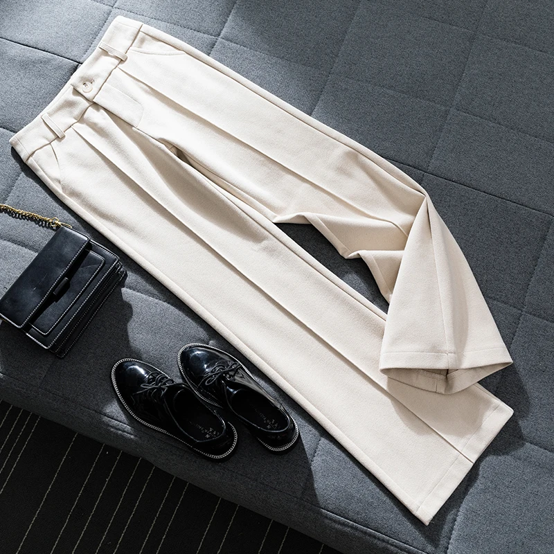 

Woolen Wide-Leg Pants Autumn Winter Women Thickened Warm High-Waist Straight-Leg Casual Trousers