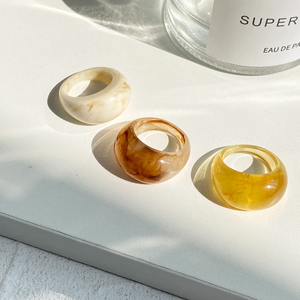 New Colorful Transparent Resin Acrylic Crystal Rhinestone Simple Geometric Square Round Rings Set for Women Fashion Jewelry