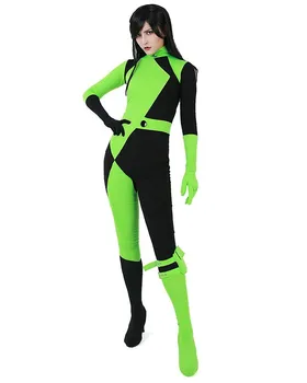 

Super Villain Kim Possible Shego Costume Female Halloween Costume Lycra Spandex Zentai Suit Shego adult and kid Cosplay Costumes