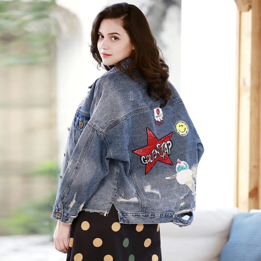 

Denim Blue Vintage Women's Jacket Loose Plus Size Print Frayed Holes Sequins Spring Autumn Outwear Oversize Female Jean Coats