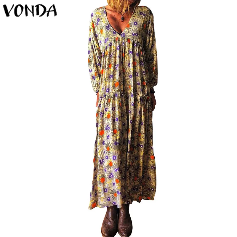 VONDA/винтажное платье с цветочным принтом для беременных, сексуальное богемное пляжное платье, повседневные винтажные вечерние платья с длинными рукавами