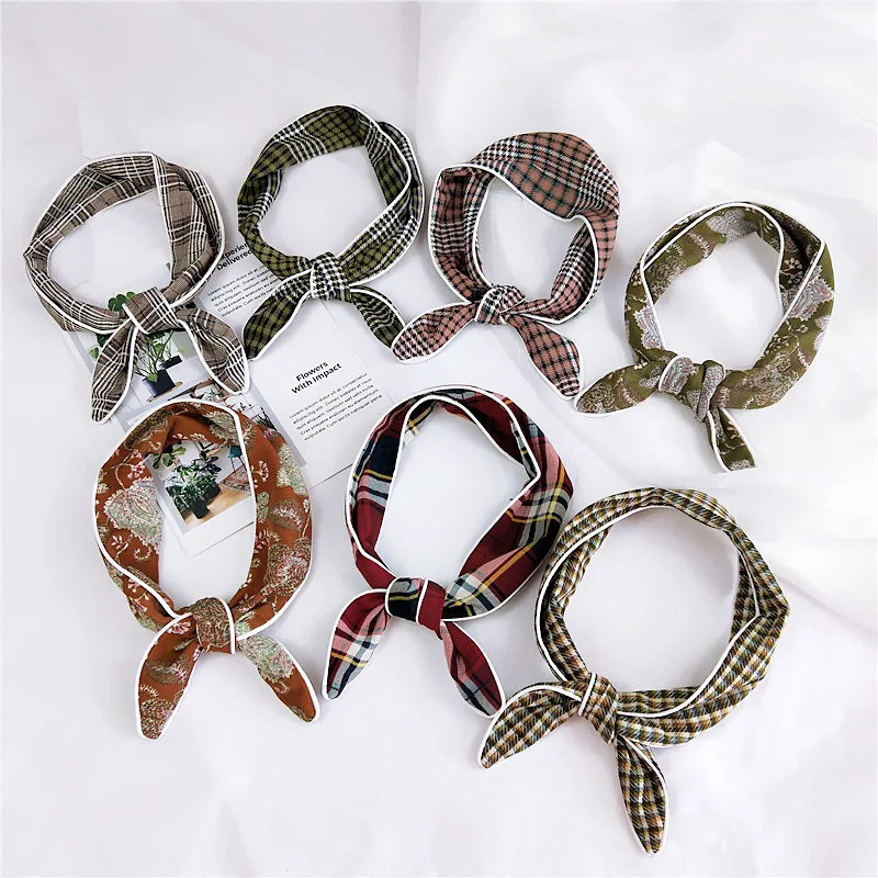 

7*85cm Checkerboard Print Small Silk Scarf Women Handle Bag Ribbons Brand Head Scarf Small Long Skinny Scarves Wholesale