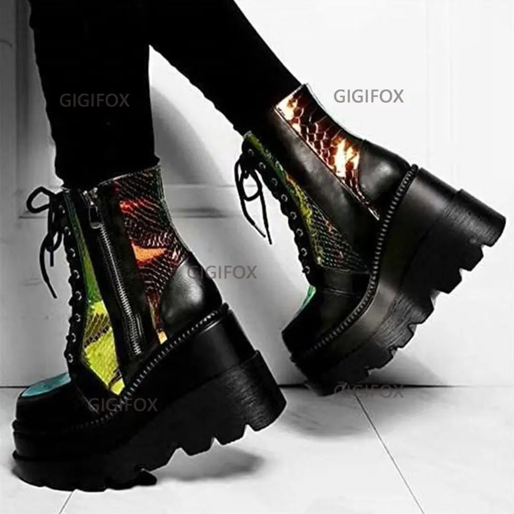 GIGIFOX Brand Fashion Gothic Big Size 43 High Heels Black Back Zipper Ankle Platform Boots Street Cool Woman Wedges Shoes 