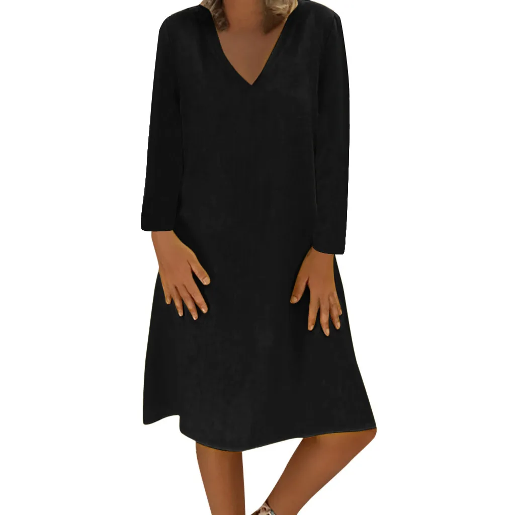 SAGACE женское свободное однотонное платье большого размера с длинным рукавом из хлопка и льна до колена модное осеннее сексуальное платье с v-образным вырезом 4 августа - Цвет: Black