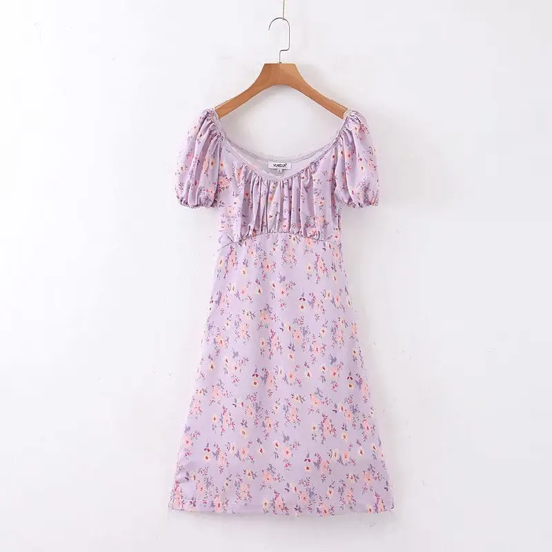 

Europe And America Autumn New Style Slim Fit Slimming Floral Printed Retro French Puff Sleeve Light Purple Dress Women's