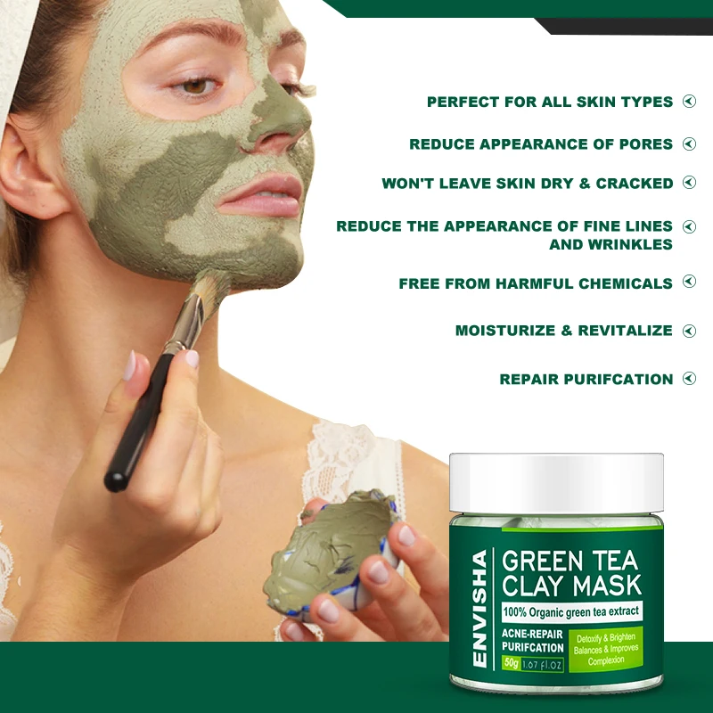 ENVISHA Green Tea Turmeric Pink Clay Facial Mask Cleansing Anti Acne Organic Oil Control Beauty Skin Care Moisturizing Whitening