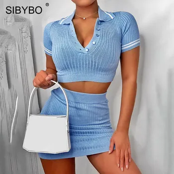 

SIBYBO Knitted Cotton High Waist Sexy Two Piece Set Dress Women Striped Short Sleeve Summer Party Dress Sheath Sexy Women Dress
