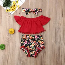 Ensemble de vêtements 3 pièces pour filles, couleur unie, épaules dénudées, ourlet avec short à fleurs et bandeau à nœud