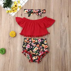 Girls 3 Pcs Clothes Set Solid Color Off-shoulder Pom Pom Hem Tops with Flower Shorts and Bow Headband Outfit