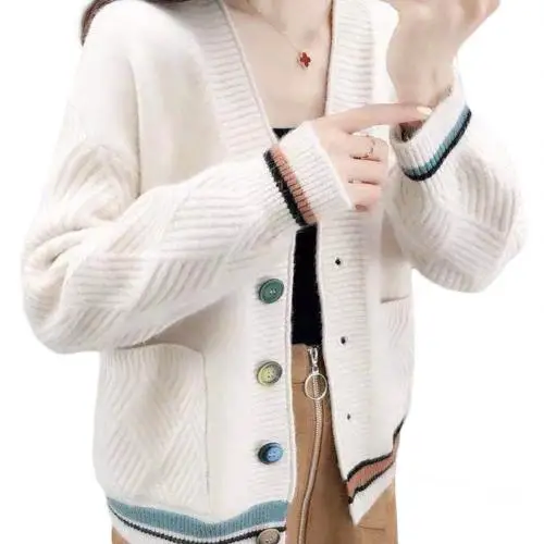 Осень Для женщин свитер с длинными рукавами и открытой передней вязаные свитера на пуговицах, с карманами, кардиган, пальто, свитер truien pull femme - Цвет: Белый