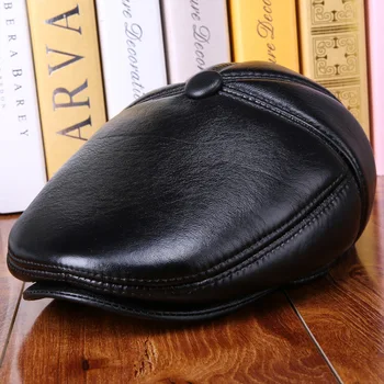 

100% Genuine Leather Leather hat man fall and winter to keep warm with thick wool hat man sheep skin protective ear cap