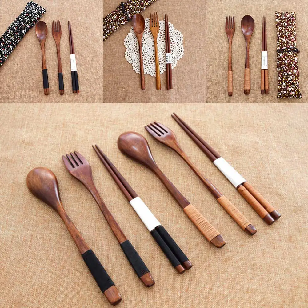 

Tableware Portable Wooden Cutlery Sets With Useful Spoon Fork Chopsticks Travel Gift Dinnerware Suit With Cloth Bag