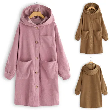 

Long Thin Corduroy Trench Women For Spring Autumn 2020 Fashion Oversize Long Sleeve Button Down Casual Hooded Outwear