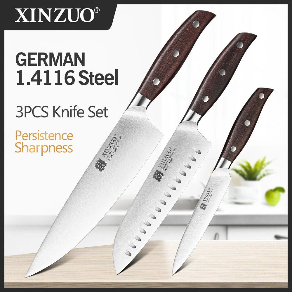 XINZUO 3PCS Kitchen Knife Set Utility Chef Knife High Carbon Germany 1.4116 Stainless Steel Kitchen Knives Sets Tools