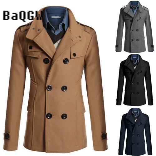 

Autum Winter Men's Turtleneck Woolen Coat Men's Slim Double Breasted Thickness Jacket Long Woolen Windbreaker Coat Outwear S-3XL