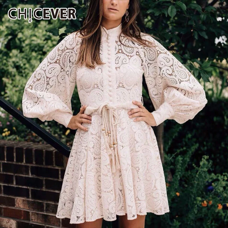 

CHICEVER Attached Belt Hollow Out Cashew Lace Mini Dresses Women Lantern Long Sleeve Two Piece Female 2019 Autumn Fashion New