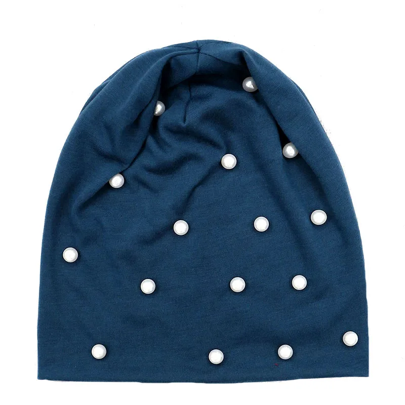 Женская лыжная шапочка с жемчугом, шапки на осень и зиму, мягкие однотонные хлопковые шапки из полиэстера, сутулящиеся шапки Skullies для девушек, шапки, Прямая поставка - Цвет: blueish