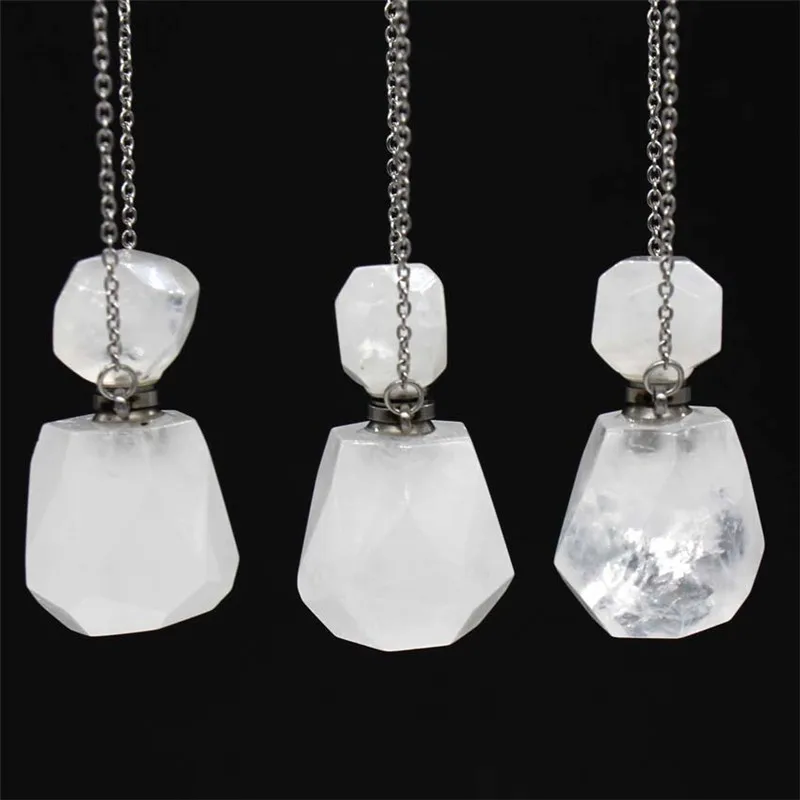 

Natural White Crystal Quartz Pendant Women Perfume Bottle Chain Necklace Oil Diffuser Aromatherapy Reiki Chakra Jewelry