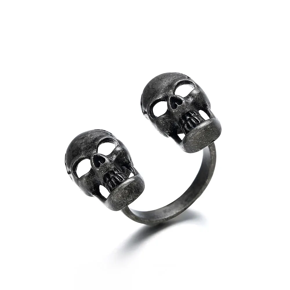 

Harong Double Skull Ring Gothic Jewelry Halloween Party Skeleton Biker Ring Motorcycle Band jewellery Adjustable Ring Women Gift