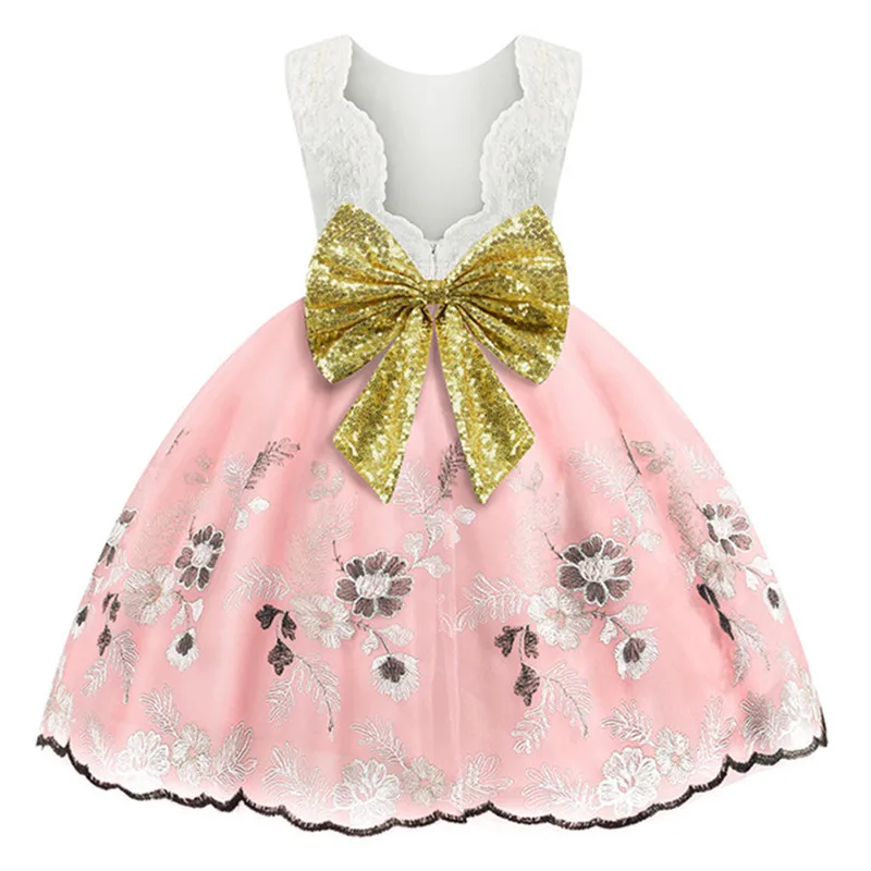 Платье с цветочным узором для девочек; детская одежда; Детские платья с вышивкой для девочек на свадьбу; Нарядные Костюмы со шлейфом для детей 3-10 лет - Цвет: pink