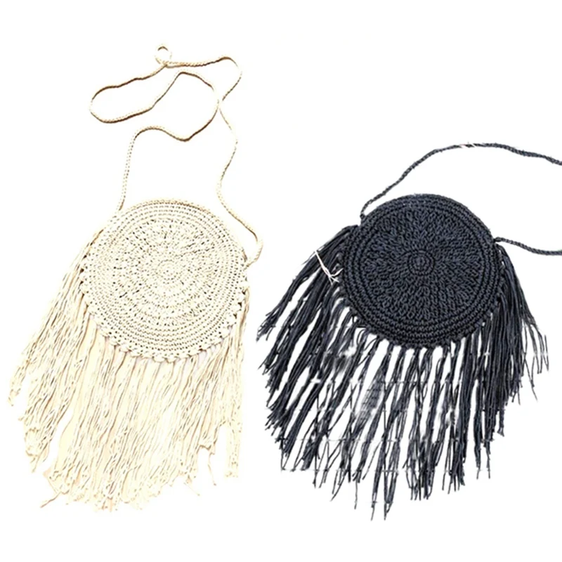 

ABZC-2 Pcs Woman Round Handbags Handmade Straw Bag with Tassel Rattan Woven Vintage Rope Knitted Messenger Bag Lady Summer Beach