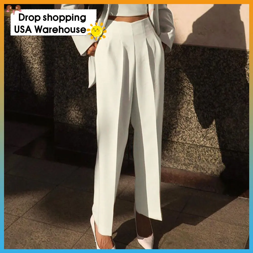 

2020 Pants New Solid Color Pleated Elastic High Waist Straight Casual Pants Women Capri Suit Pants womens plus size pants