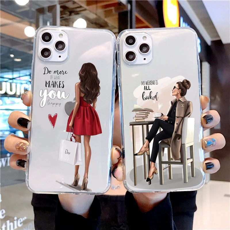 Fashion Black Brown Hair Female Chite-Collar Soft TPU Silicone Case For IPhone 11Pro Max 6 6s 7 8 Plus X Xs Xr Woman Cover | Мобильные