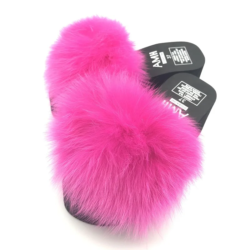 Натуральным лисьим мехом тапочки Для женщин большая пушистая шлепанцы без