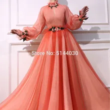 Платья на арабский вечер из Саудовской Аравии, с длинными рукавами, с высоким воротником, с цветами ручной работы, мусульманские Вечерние платья на выпускной, Vestido Longo Festa