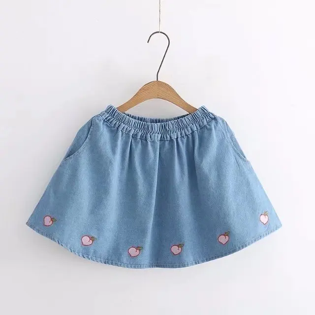 

10434 Japanese-style Soft Girl Peach Embroidered Elastic High-waisted Two-color Denim Skirt Girl's Short Skirt Summer New Style