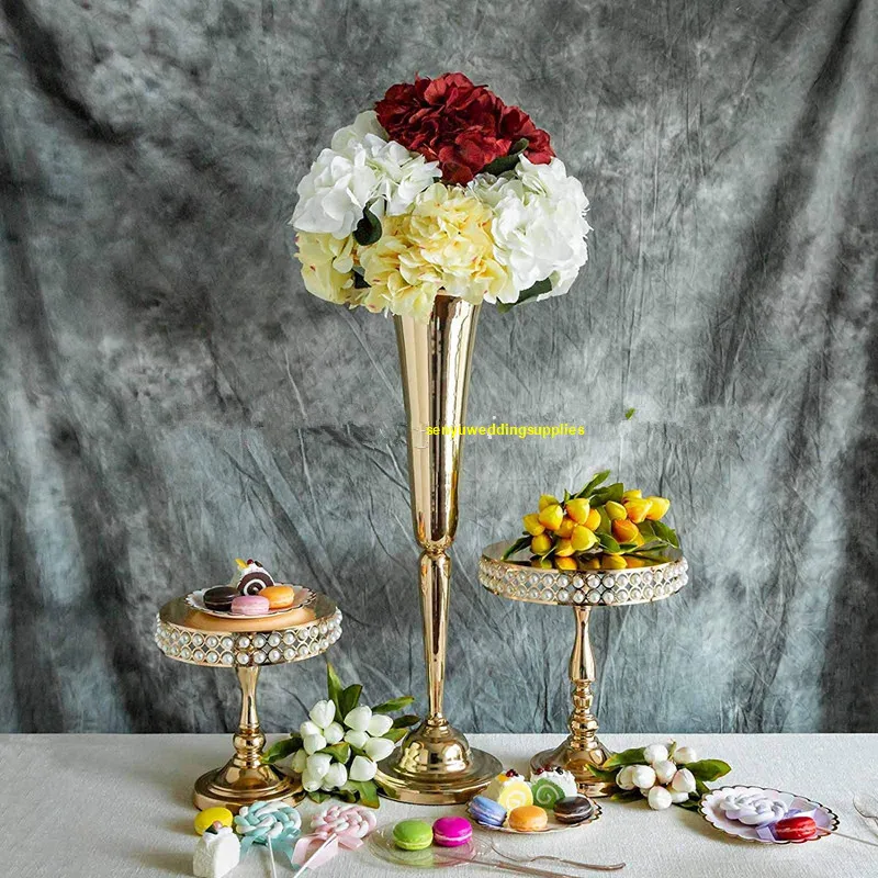 

Gold Wedding Flower Vases 74cm Tall Table Centerpiece Metal Gold Silver Flower Trumpet stand for Wedding Decoration senyu1960