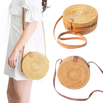 

Top Crossbody Bags Round Rattan Woven Handmade Shoulder Bags PU Leather Straps Hasp Beach Crossbody Bag Messengers Women Handbag