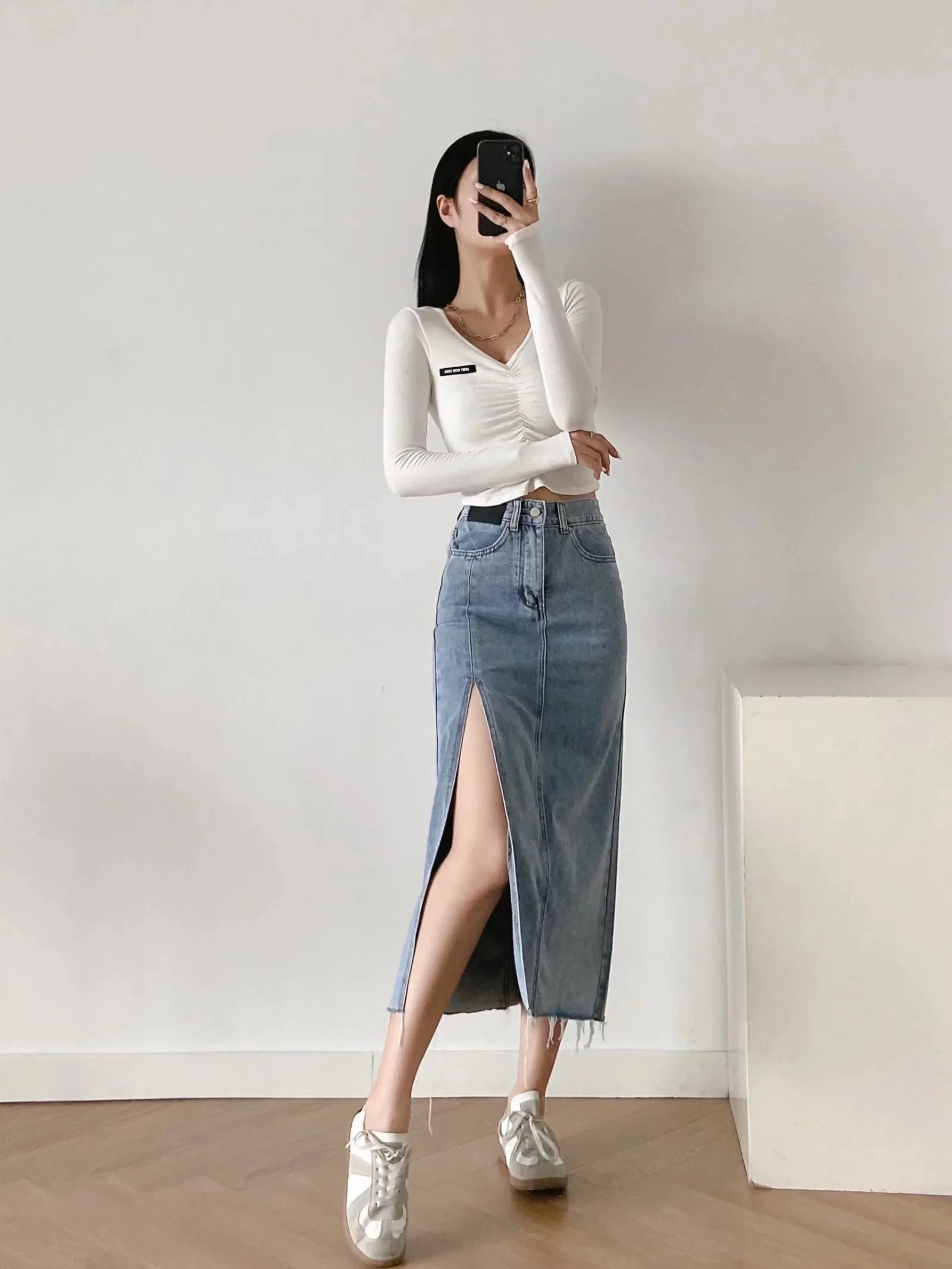 Jenny&Dave Faldas Mujer Moda England Ins Fashion Blogger Vintage Skirts Womens High Waist Denim Skirt Women Sexy Forking Midi