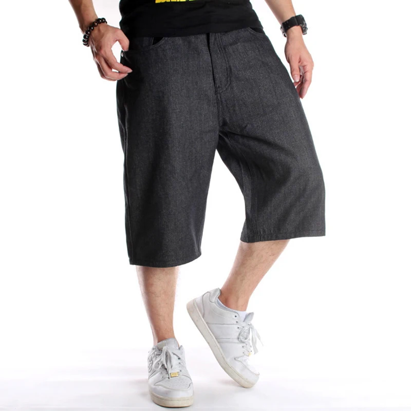 Summer Plus Size 30-46 Wide Leg Hip-Hop Black Jeans Shorts Male Skateboard Swag Baggy Men Capri Denim Pants 4