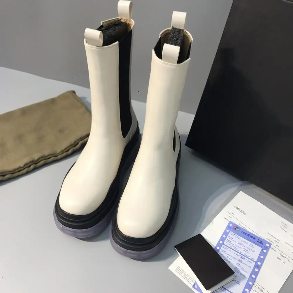 

2020 Women Botas Round Toe Platform Thick Heel Mid-Calf Boots Woman Fashion Slip-on Chelsea Booties Autumn Winter White