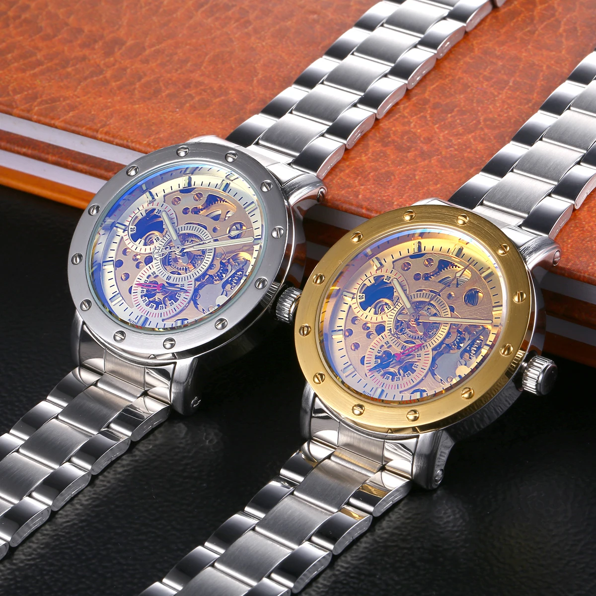 

NewAutomatic Machinery Men Self-winding Watch FashionLeisure Simple Stainless Steel StrapHollow Watch Plate Waterproof Men Watch