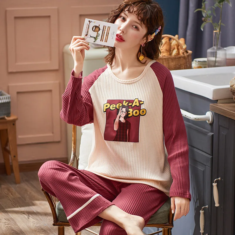 Pijama invierno трикотажная Хлопчатобумажная Пижама женская рубашка с круглым вырезом и длинными рукавами брюки 2 комплекта простой повседневной домашней одежды пижамы - Цвет: Белый
