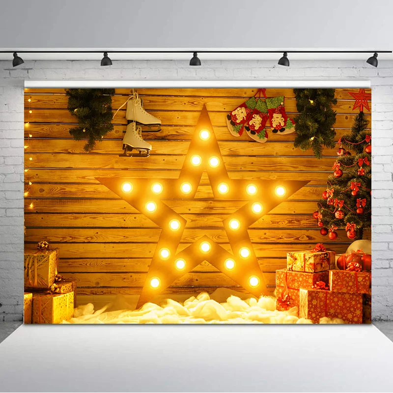 

NeoBack Christmas Tree Wooden Board Photography Backdrops Shiny Star Decoration Children Backgrounds for Photo Studio