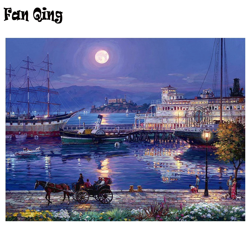 Diamond Painting Moon pier boat and carriage Full Square/round Drill Cross Stitch Mosaic Rhinestone Home Decor | Дом и сад