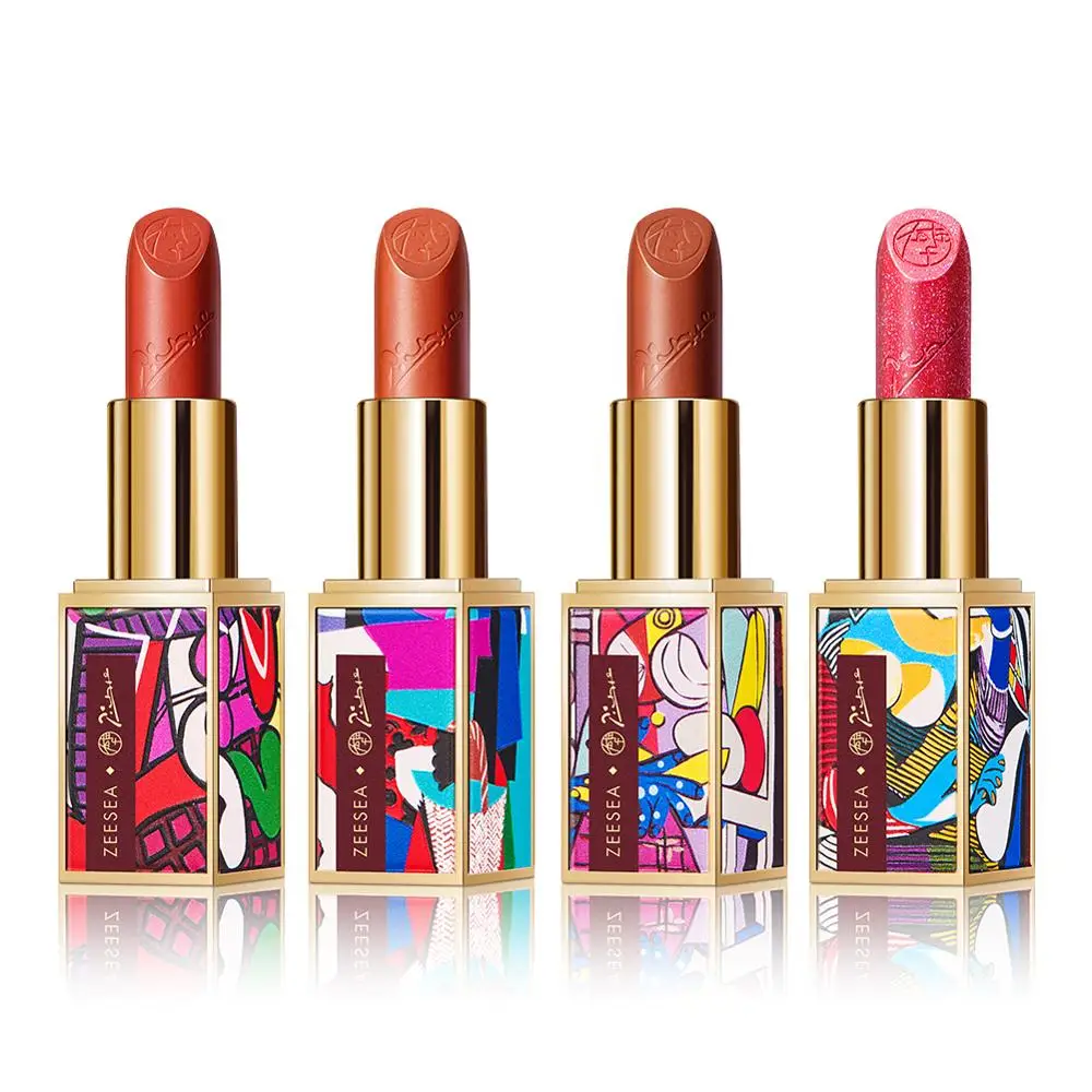 

ZEESEA 4pcs Picasso Collection Waterproof Long Lasting Lip Stick Set Matt Moisturized Lipstick Shinning Glitter Cosmetic
