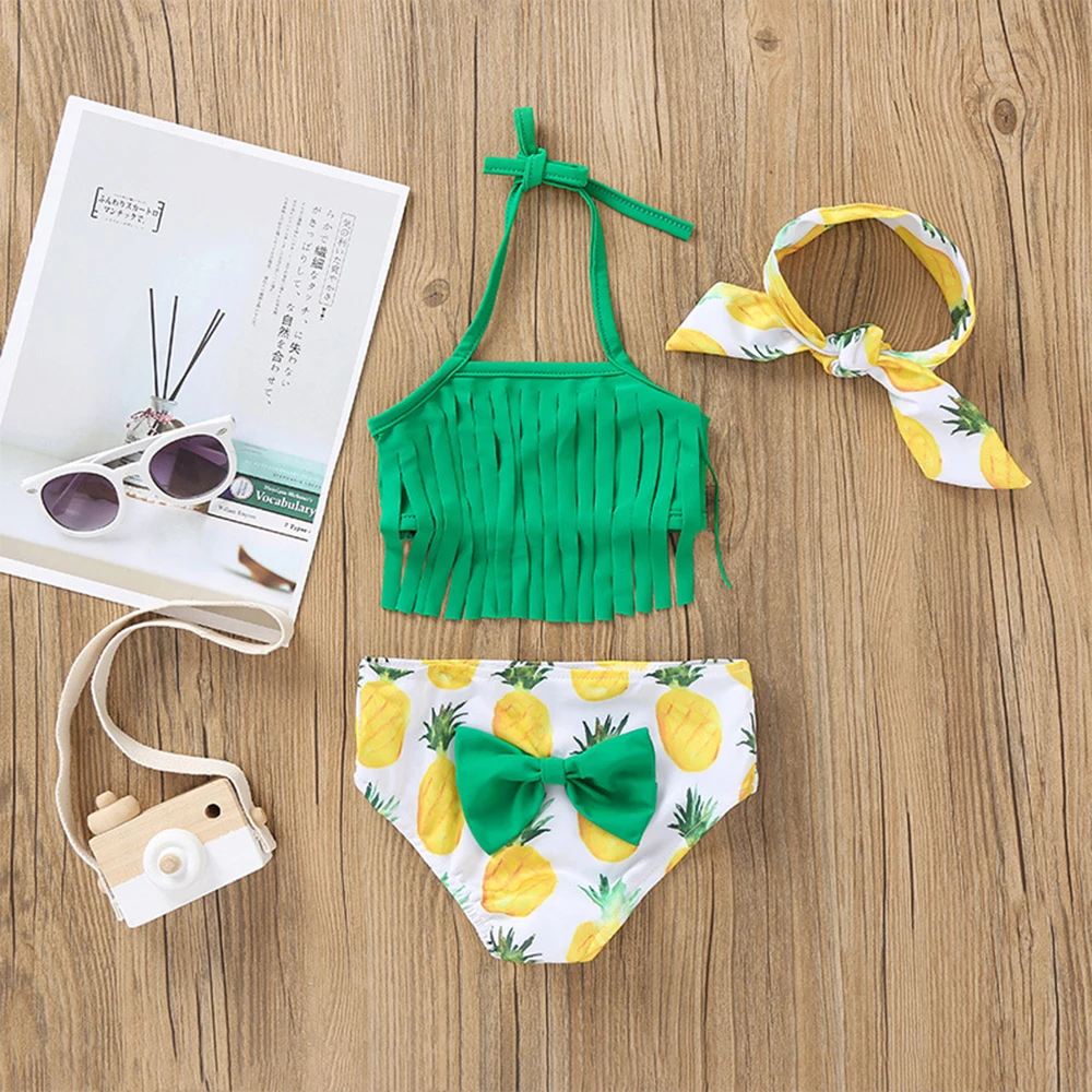 

Children 3PC Swimwear Girls' Bikini Set 2020 Halterneck Swimsuit with Ruffles Flowers Swimsuit With Headband Cute Bikini