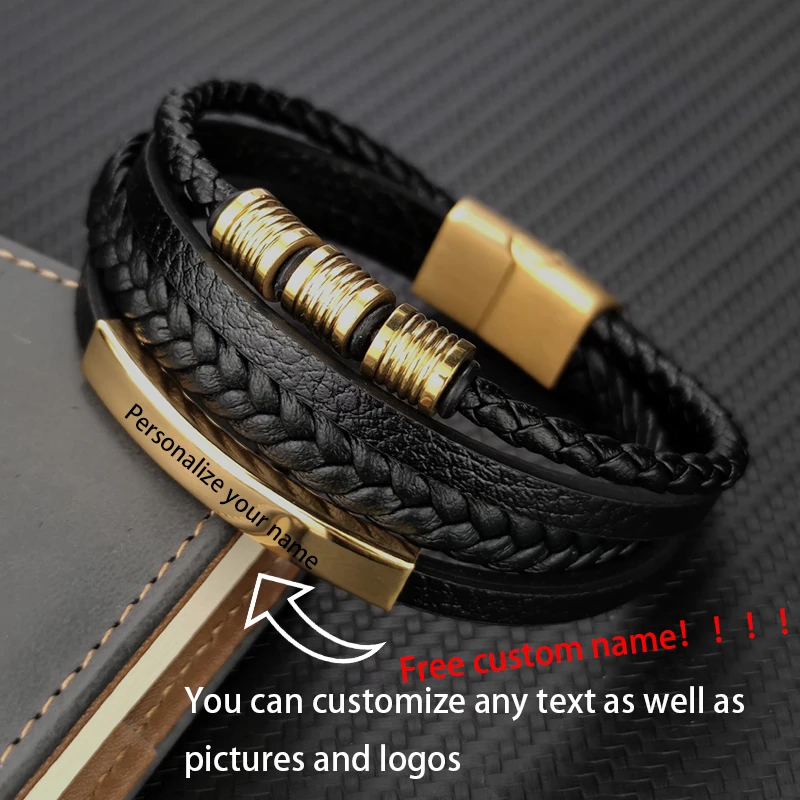 Custom name Leather Rope Bracelet Stainless Steel lettered magnetic buckle  double layer attractive bracelet for men and women - AliExpress