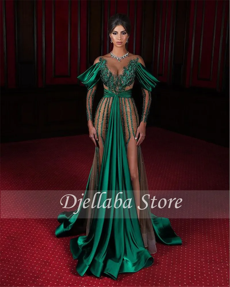 long formal dresses Off Shoulder Green Evening Dresses Elegant Lace Beaded Formal Prom Gowns Arabic robes Custom Made long sleeve evening gowns