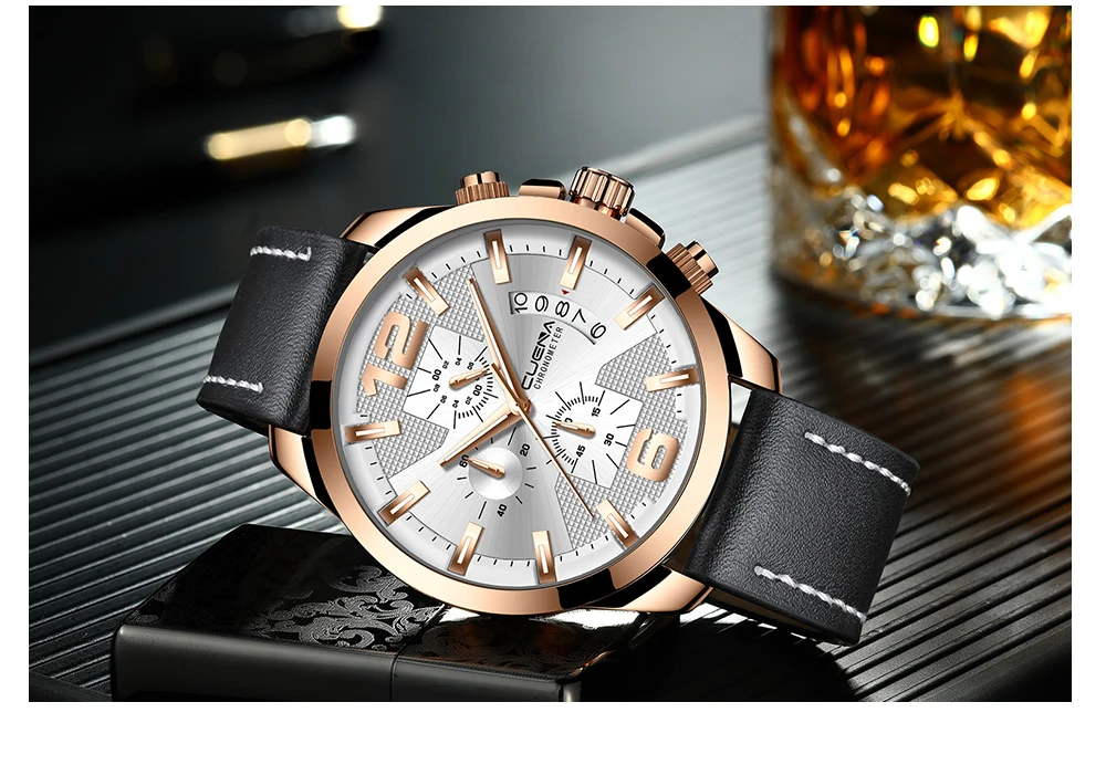 Clearance Sale New Mens Watches Top Brand Leather Chronograph Waterproof Sport Automatic Moon phase Quartz Watch For Men