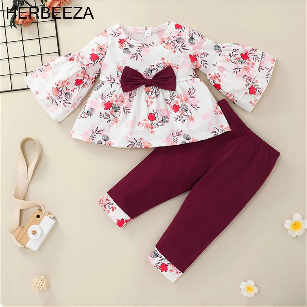 HERBEEZA Floral Baby Girls Clothes Set Flying Sleeve Top + Pant Autumn